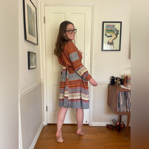 70s Vintage Long Sleeve Printed Cotton Prairie Style Dress - Picture 3 of 5